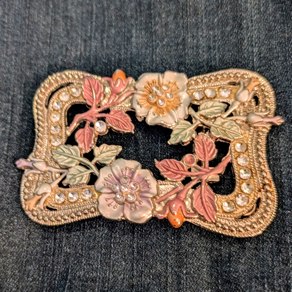 Floral Gold Brooch with Pink and Green Accents